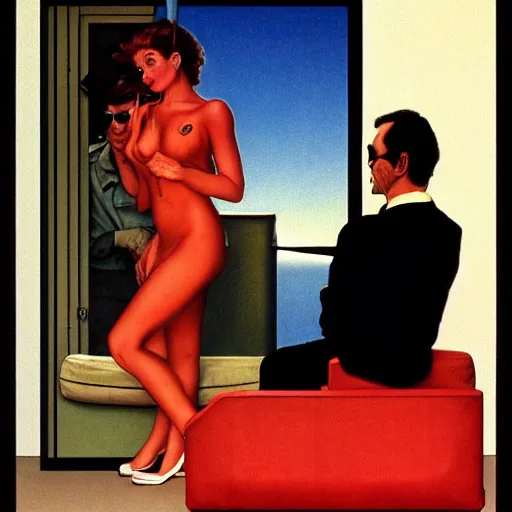 Image similar to Leisure suit Larry, 1993, by Norman Rockwell and Edward Hopper. film noir