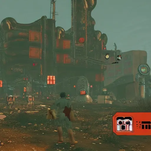 Image similar to mushroom kingdom from the super mario franchise in ruins post - nuclear war in fallout 4, in game screenshot