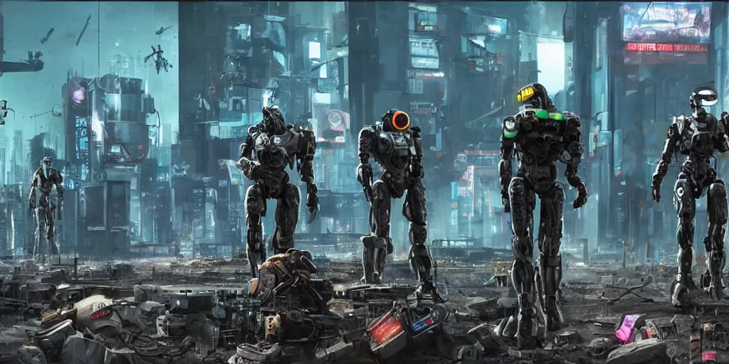 Image similar to An operation to search for living life on post-nuclear Earth by an army of intelligent robots. Cyberpunk, movie scene, dynamic scene, animatronic.