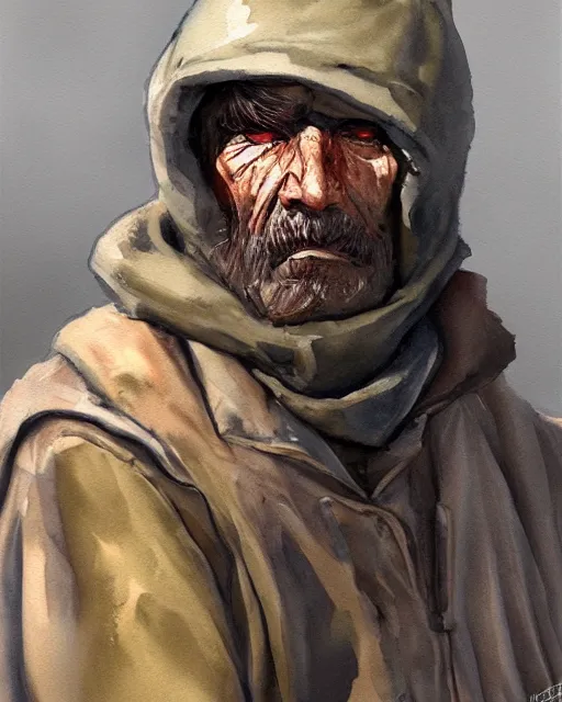 Image similar to a oil / watercolor painting full body character portrait of a homeless soldier past his prime in the style of moebius in the style of leonard boyarsky trending on artstation deviantart pinterest detailed photorealistic highlights and shadow hd 8 k post - processing high resolution