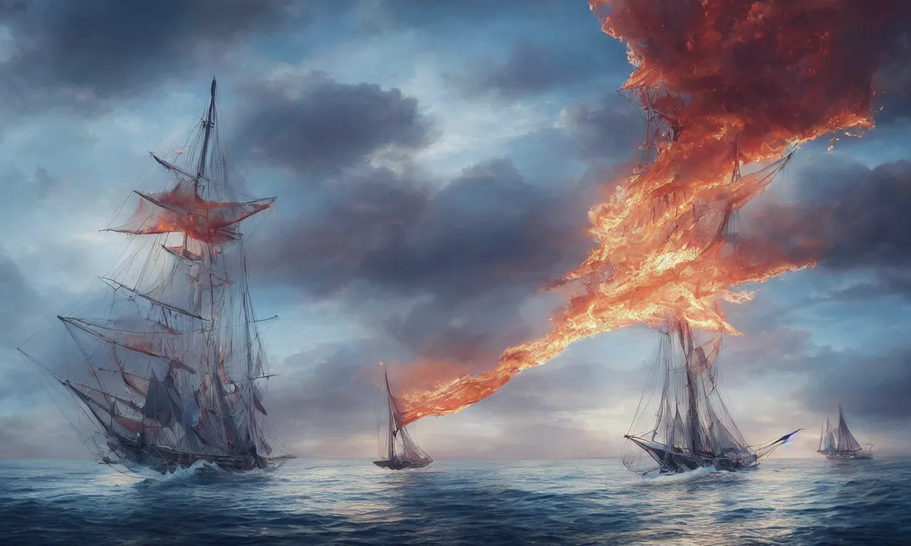 Image similar to a beautiful digital painting of a white caravel on fire flying in the clouds, firestorm of embers in the sunlight, rain of flames numerous burning ropes and intricated sails, blue sky at sunset, elegant, highly detailed, artstation, concept art, matte, sharp focus, art by tom bagshaw, kelogsloops and greg rutkowski