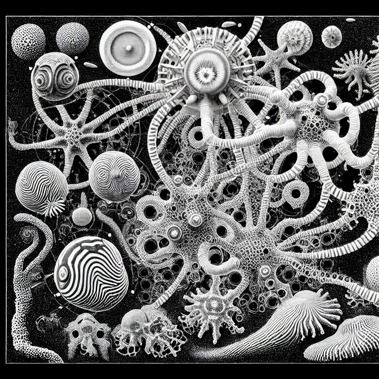 Image similar to a black and white drawing of a variety of sea life and filled with gundam mech equipment space station, a microscopic photo by ernst haeckel, zbrush central, kinetic pointillism, bioluminescence, intricate patterns, photoillustration