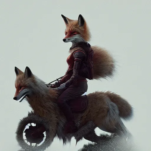 Prompt: photo of a girl riding a fox highly detailed, trending on artstation, intricate, cinematic composition, fog volume, octane