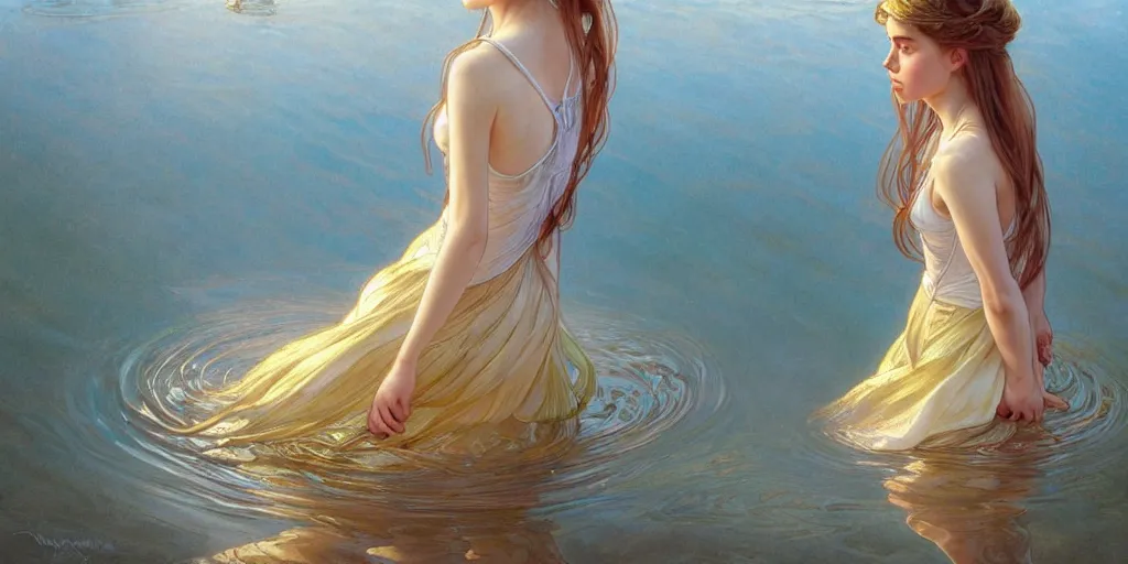 Prompt: highly detailed portrait of a barefoot white skirt girl stand on the water, water surface reflection, the calm sea level, ultra wide angle, gold filigree, romantic storybook fantasy, soft cinematic lighting, award, disney concept art watercolor illustration by mandy jurgens and alphonse mucha and alena aenami, pastel color palette, featured on artstation