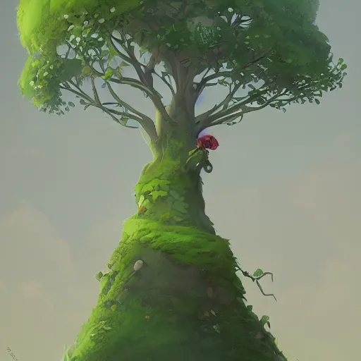 Image similar to ilustration a tree with green roses growing in the center, characterized by roman shipunov, etienne hebinger, atey ghailan, cgsociety, fantasy art, 2 d game art