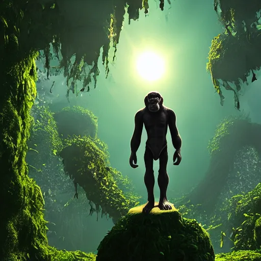 Image similar to cinema 4D colorful render, utopian jungle in space , planet of the apes, ape kingdom, old decaying statue of ape, a detailed zoned in human anatomy veins, nature, heavy green, dramatic lens flares, apes hanging from vines, a evil dark sun , depth field, unreal engine, sharp, incredible detail, professional composition, quality digital art, 4k, 4k concept art and hyper realism