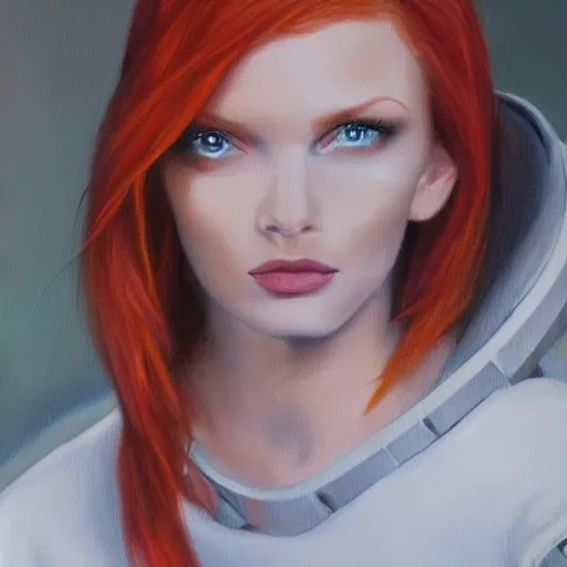 Image similar to redhead fashion model in futuristic astronaut suit, portrait, hyperrealism oil painting