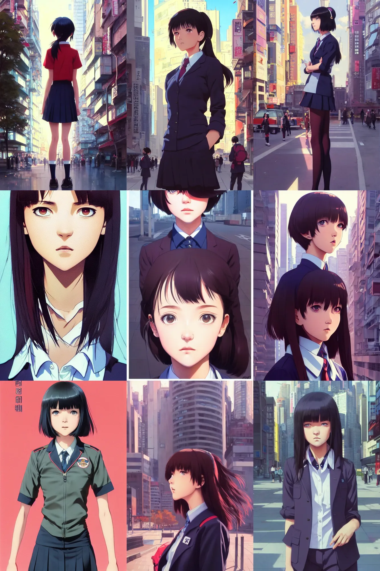 Prompt: a cute girl wearing school uniform standing in the city | | really good looking face!! realistic shaded perfect face, fine details, anime, realistic shaded lighting poster by ilya kuvshinov katsuhiro otomo ghost - in - the - shell, magali villeneuve, artgerm, jeremy lipkin and michael garmash and rob reyt