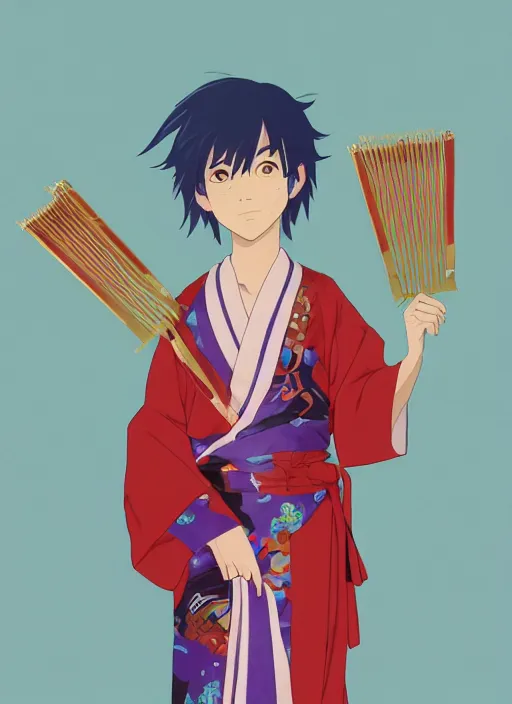 Image similar to young boy with straight indigo hair, purple eyes with red eye markers, slim body, wearing a detailed Japanese kimono with traits of the god Fuujin, holding a pair of fans. rich vivid colors, ambient lighting, dynamic lighting, 4k, official media, anime key visual, makoto shinkai, ilya kuvshinov, lois van baarle, rossdraws, detailed, trending on artstation