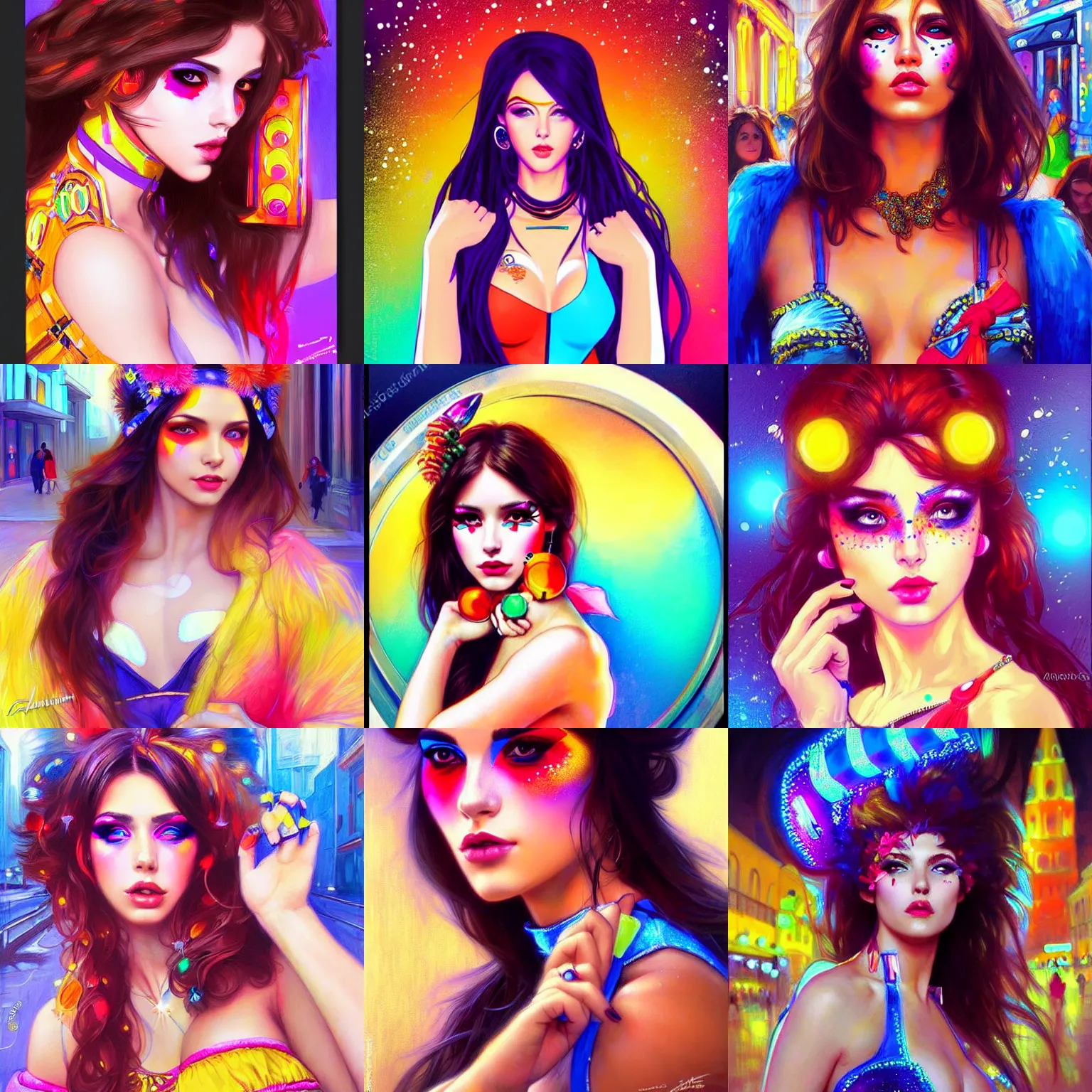 Prompt: portrait of gorgeous brunette russian college woman in a rave outfit on a busy downtown sidewalk, bright colorful makeup | artgerm and mucha