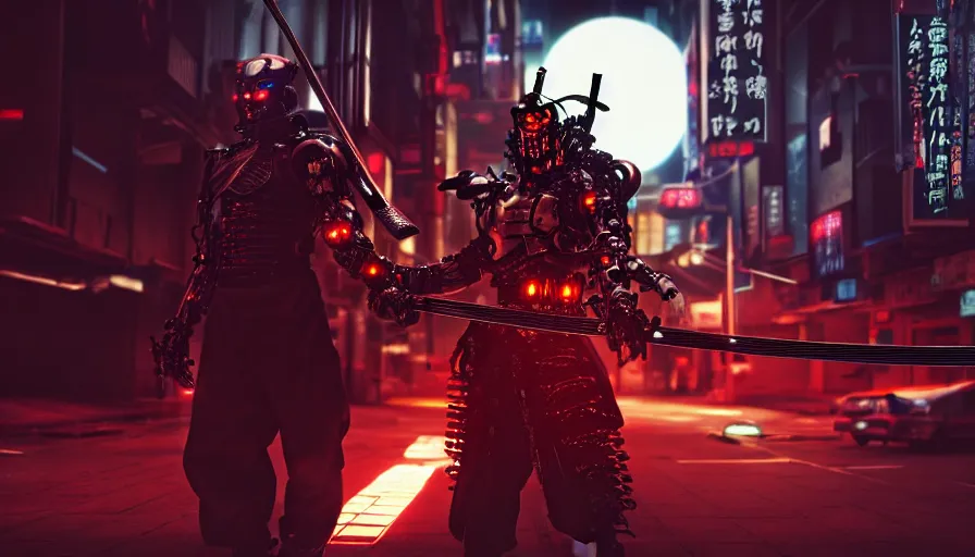 Prompt: movie still, an biomechanical cyborg samurai holds a katana in his hands in night city, cyberpunk horror style, cyberpunk, cyberpunk futuristic neo, detailed and intricate environment, octane render, unreal engine, 4 k