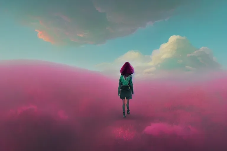 Prompt: giant dahlia flower face, girl walking on mountain, surreal photography, pink storm clouds, dramatic light, impressionist painting, digital painting, artstation, simon stalenhag