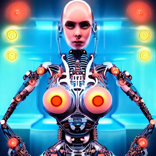 Prompt: an extremely beautiful biomechanical female looking robot with large emoji tattoos, neon jacuzzi, extremely beautiful oppai cyberpunk, chimeric organism, holodeck, pale skin, organic polycarbon, full frontal portrait, highly detailed, transhumanist hydration, symmetrical, mechanical, mendelbrot fractal, ray tracing, hyperdetailed, hyperrealistic, zdislaw beksinski, trending on artstation, octane render, hdr, uhd 4k