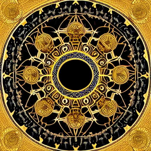 Image similar to beautiful golden round mandala of ravens, fully symmetrical, clean lines, fantasy, ornamental, detailed digital painting, artstation, concept art, painterly, sharp focus, illustration, art by John Collier and Krenz Cushart and Artem Demura and Rafael and Alphonse Mucha and Albert Aublet