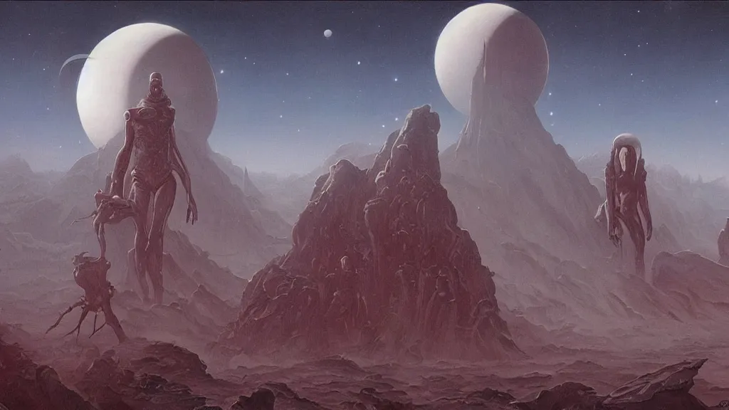 Prompt: eerie atmospheric evolving alien planet by gerald brom and vincent di fate, epic cinematic matte painting