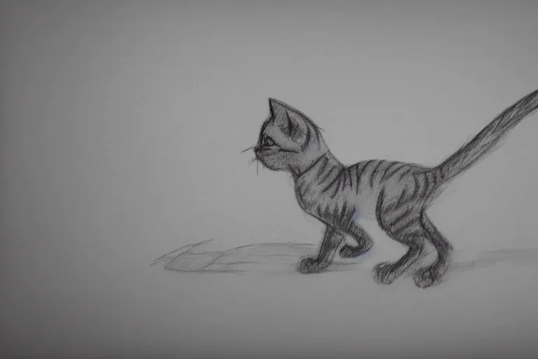 Prompt: a storyboard pencil sketch of a cat running through a forest, black and white, rough sketch with erased lines, trending on artstation, detailed, blue pencil