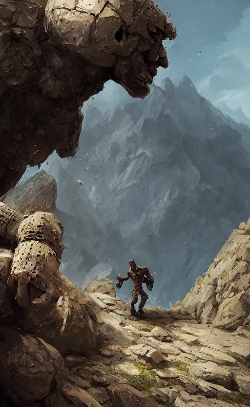 Prompt: a stone golem hitting a mountain with his fist, greg rutkowski, 8 k, shallow depth of field, intricate detail, concept art,