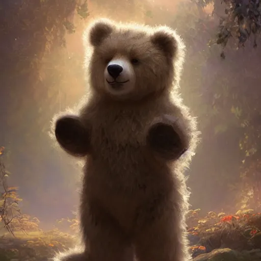 Image similar to cute fluffy bear who wants a hug digital painting, artstation, concept art, soft light, hdri, smooth, sharp focus, illustration, fantasy, intricate, elegant, highly detailed, D&D, matte painting, in the style of Greg Rutkowski and Alphonse Mucha and artemisia, 8k, highly detailed, jurgens, rutkowski, bouguereau, pastoral, rustic, georgic