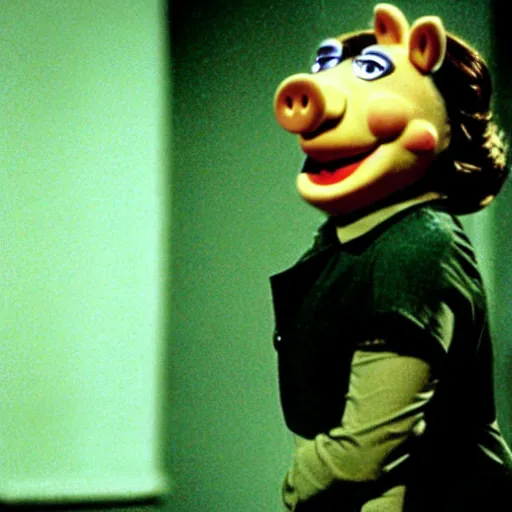 Prompt: movie still of miss piggy starring as trinity in the matrix 1 9 9 9 movie fighting agent smith