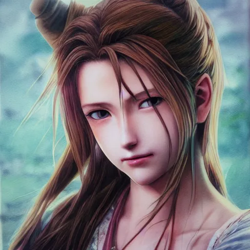 Image similar to portrait of aerith!!!!!!!!! from final fantasy vii, water - color painting by amano yoshitaka, ultra realistic, highly detailed, sharp focus, cinematic lighting, mood lighting, realistic, vivid colors, painting, photorealistic, digital art, non blurry, sharp, smooth, illustration