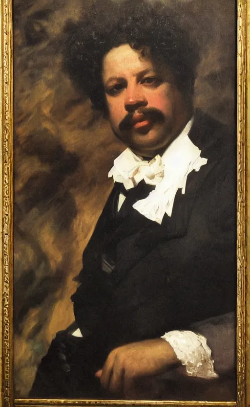 Prompt: Portrait of Alexandre Dumas, oil on canvas, highly detailed, high contrast, by Franz Xaver Winterhalter, Henry Ossawa Tanner, Anthony van Dyck, 8k