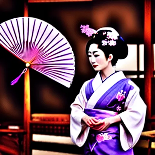 Image similar to Japanese geisha with beautiful violet paper fan, 4k photography, 30 mm lens, cinematic light, warm atmosphere, in style of Kar Wai Wong, cigarette smoke trail