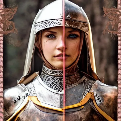 Image similar to a beautiful female knight without any battle experience who only came to see a dragon, symmetrical, cinematic, real photography