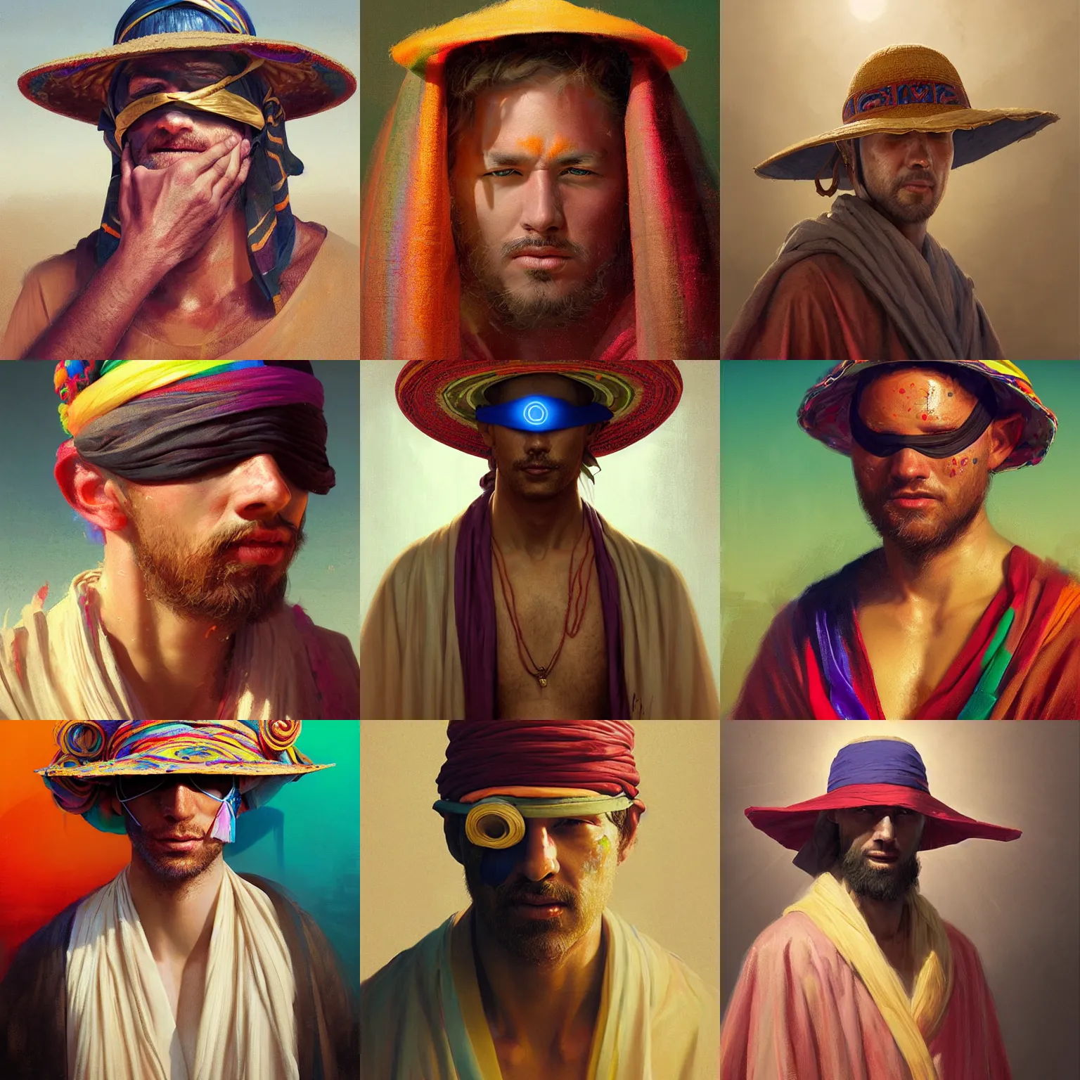 Image similar to portrait of a blindfolded man in multicolored robes, a large straw hat, detailed face, highly detailed, cinematic lighting, digital art painting by greg rutkowski