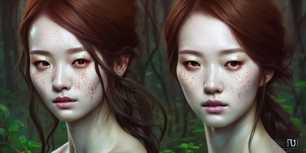 Image similar to beautiful digital painting of a hoyeon jung stylish female forest with high detail, real life skin, freckles, 8 k, stunning detail, works by artgerm, greg rutkowski and alphonse mucha, unreal engine 5, 4 k uhd