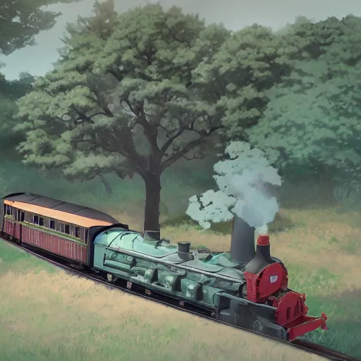 Image similar to concept art painting of a historic transverse view of a steam train, the train carries a cherry tree in flower, realistic, detailed, cel shaded, in the style of makoto shinkai and greg rutkowski and james gurney