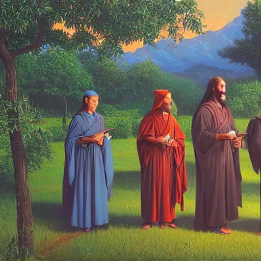 Prompt: Four wise scholars standing at the edge of a beautiful orchard at twilight, detailed and realistic matte painting by Greg Hildebrandt