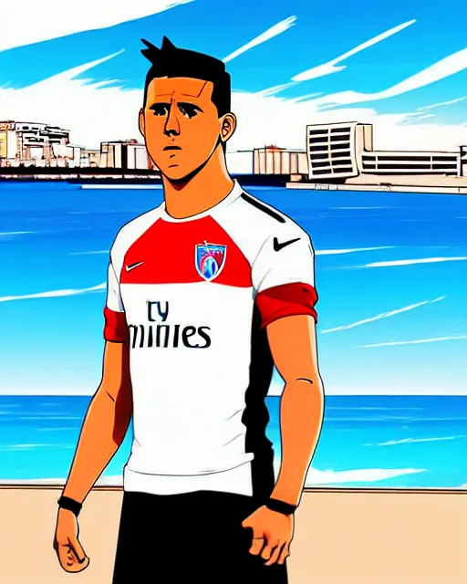 Image similar to portrait Anime Alexis Sanchez; white football shirt, Marseille beach in background || anime, manga cute-fine-face, pretty face, realistic shaded Perfect face, fine details. Anime. realistic shaded lighting by Katsuhiro Otomo