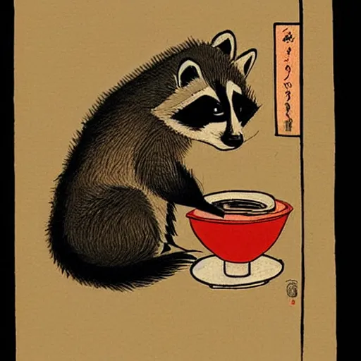 Image similar to little raccoon sitting by a cozy fireplace with a cup of tea. warm color temperature. ukiyo - e,