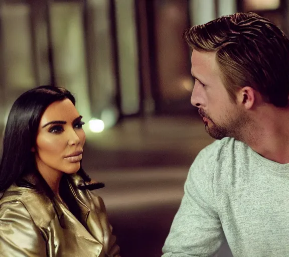 Image similar to a movie still of kim kardashian sitting with ryan gosling in the movie blade runner 2 0 4 9