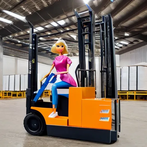 Image similar to barbie doll in construction gear, driving a fork - lift, in front of a large warehouse