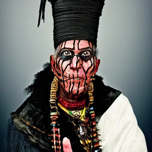 Image similar to uhd candid photo of joe biden dressed as a voodoo priest, wearing bizarre voodoo makeup, with accurate face, intricate voodoo costume, uhd, studio lighting, correct face, photo by annie leibovitz