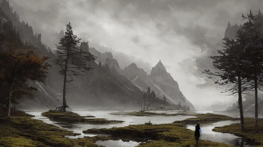 Image similar to a character in a stunning landscape by jakub rozalski