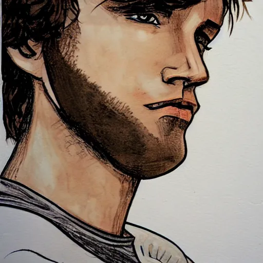 Prompt: a head - on comic - style portrait of a 2 0 - something engineering student, brown messy hair, by laurie greasly