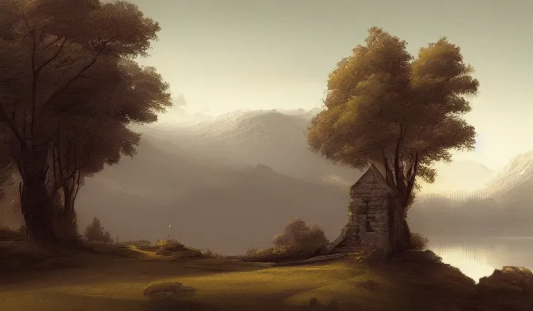 Prompt: A serene landscape with a singular building in the style of Raphael Lacoste.