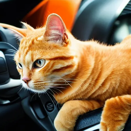 Image similar to an orange tabby cat driving a car, his paws are on the steering wheel