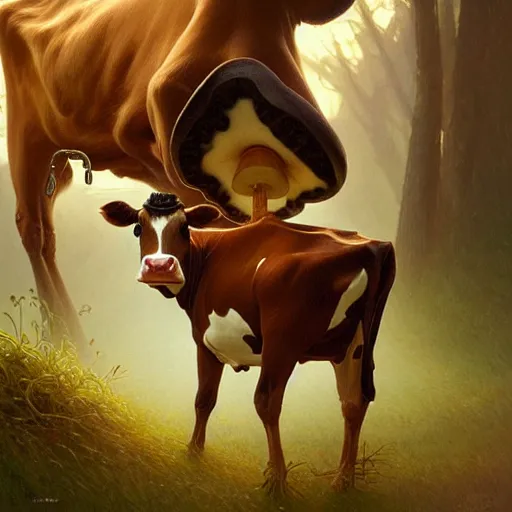 Image similar to long shot photo of a cow with mushrooms sprouting from it's back and top, highly detailed, digital painting, artstation, smooth, sharp focus, illustration, art by artgerm and greg rutkowski and alphonse mucha