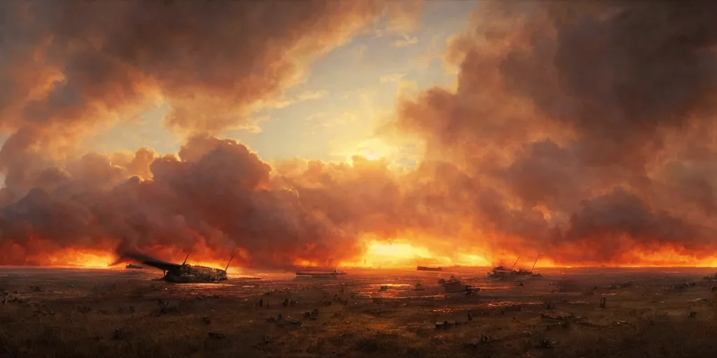 Image similar to the normandy landings, d - day, 1 9 4 5, sunset, chaos, smoke, fire, soldiers charging in, airplanes fighting in the sky, destroyed tanks, highly detailed, wide shot, sadness, cinematic, ultra realistic, ray tracing, painting by jessica rossier and ivan shishkin