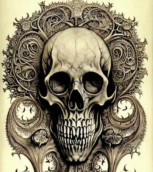 Prompt: memento mori by arthur rackham, art forms of nature by ernst haeckel, exquisitely detailed, art nouveau, gothic, ornately carved beautiful skull dominant, intricately carved antique bone, art nouveau botanicals, ornamental bone carvings, art forms of nature by ernst haeckel, horizontal symmetry, arthur rackham, ernst haeckel, symbolist