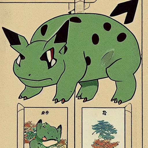 Prompt: pokemon card of bulbasaur, as originally printed by hokusai