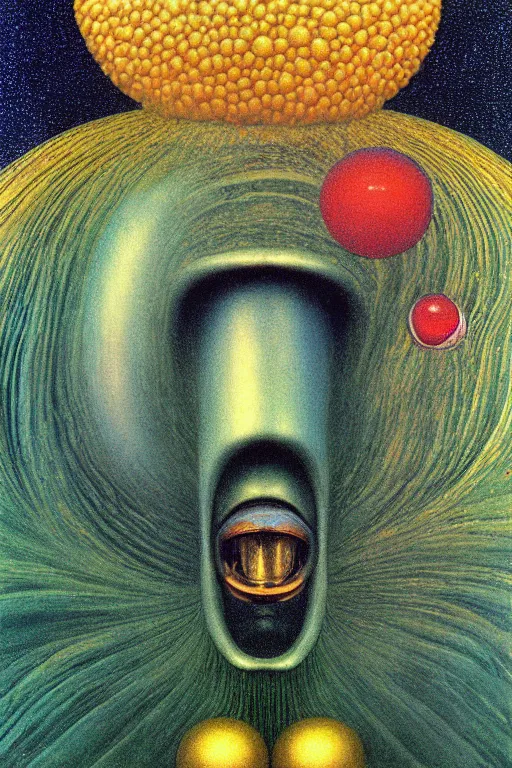 Prompt: 8 0 s art deco close up portait of mushroom head with big mouth surrounded by spheres, rain like a dream oil painting curvalinear clothing cinematic dramatic fluid lines otherworldly vaporwave interesting details epic composition by artgerm rutkowski moebius francis bacon gustav klimt