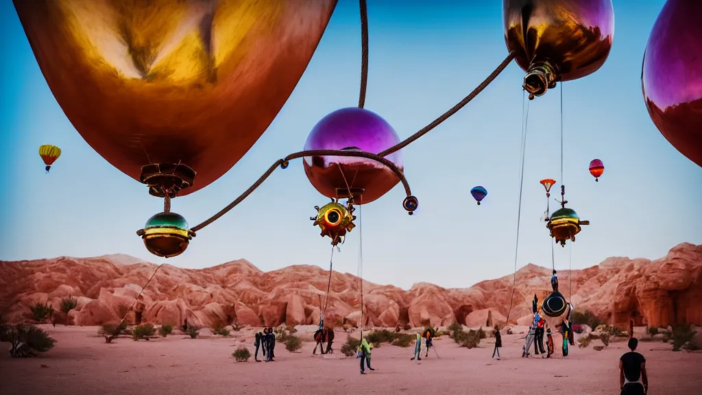 Image similar to large colorful futuristic space age metallic steampunk balloons with pipework and electrical wiring around the outside, and people on rope swings underneath, flying high over the beautiful ancient desert city landscape, professional photography, 8 0 mm telephoto lens, realistic, detailed, photorealistic, photojournalism