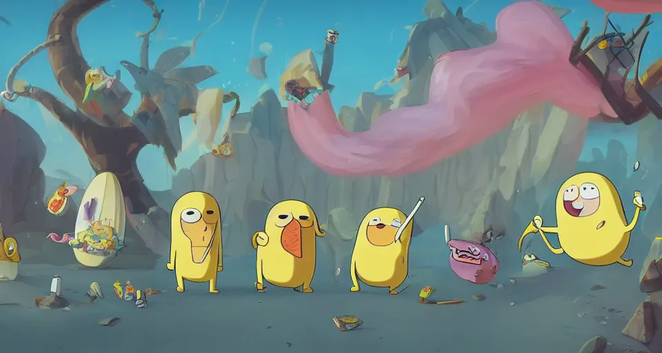 Prompt: cartoon bananas with wings and beaks, swimming in ice - cream, in the style of adventure time, the amazing world of gumball, pixar, toki doki, greg rutkowski and makoto shinkai, trending on artstation