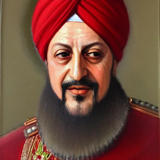 Image similar to Oil Painting of Recep Tayyib Erdoğan as Sultan Süleyman, red Oval Turban, close-up, very detailed facial features, by Osman Hamdi Bey