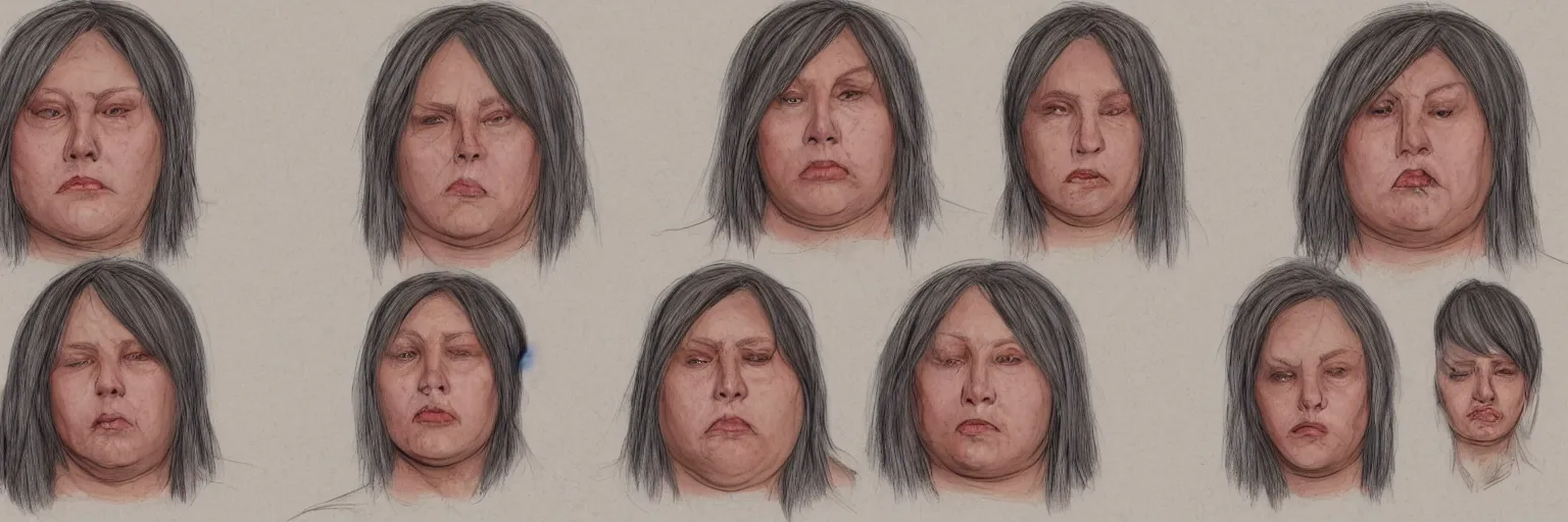 Image similar to colored pencils female character face study of iggy pop, fat woman, 5 5 yo, clear female iggy pop faces, emotional, character sheet, fine details, concept design, contrast, kim jung gi, pixar and da vinci, trending on artstation, 8 k, 3 6 0 head, turnaround, front view, back view, ultra wide angle