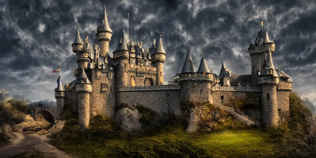 Image similar to a castle, fantasy, hyper realistic, dramatic lighting, cinematic, 35mm lens, 8k,